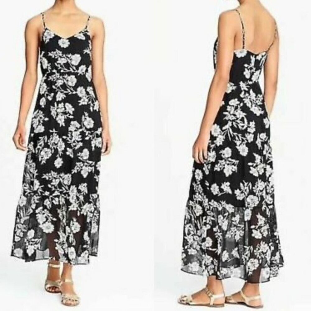 J CREW Mercantile Women Chiffon Maxi Dress Sz 4 Black Tiered‎ Sleeveless 75-1